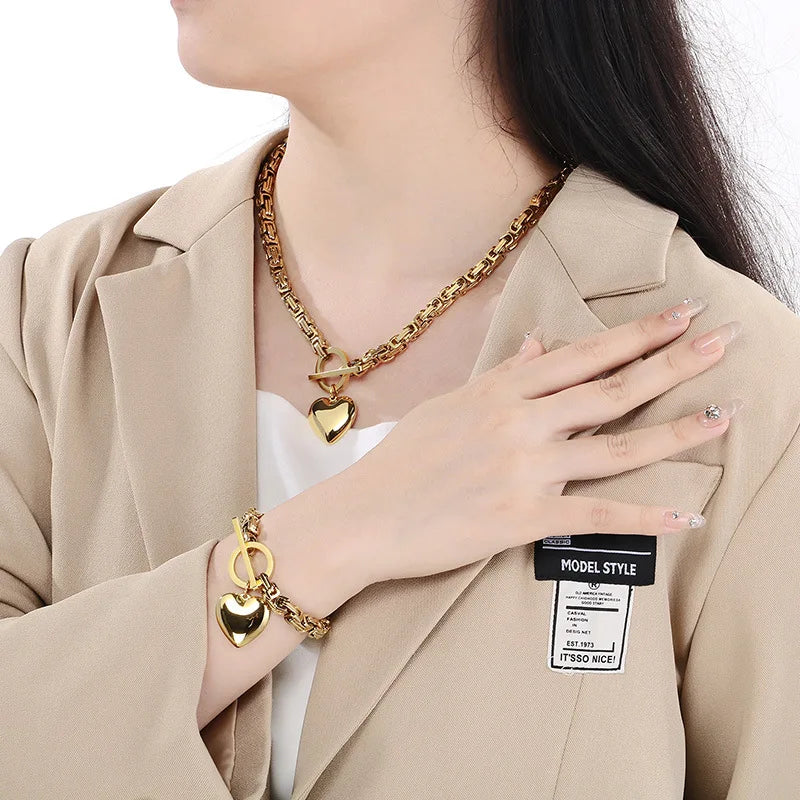 Kalen European and American Fashion Chain OT Buckle Chain Necklace Stainless Steel Smooth Heart Pendant Coarse Chain Set