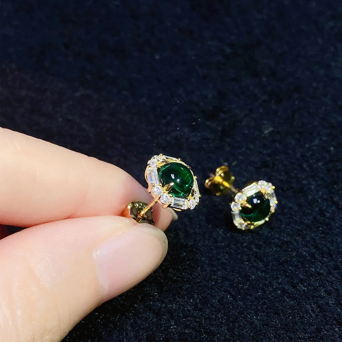 Gemfiori Sterling Silver Emerald Earrings With Cubic Zirconia Lab Grown Zambia Emerald Round Shape Stud Earrings in Rose Gold