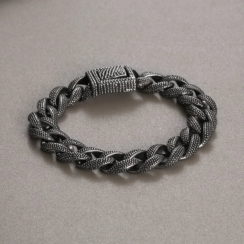 KALEN Men Retro 220mm Stainless Steel Grainy Surface Cuban Links Bracelet