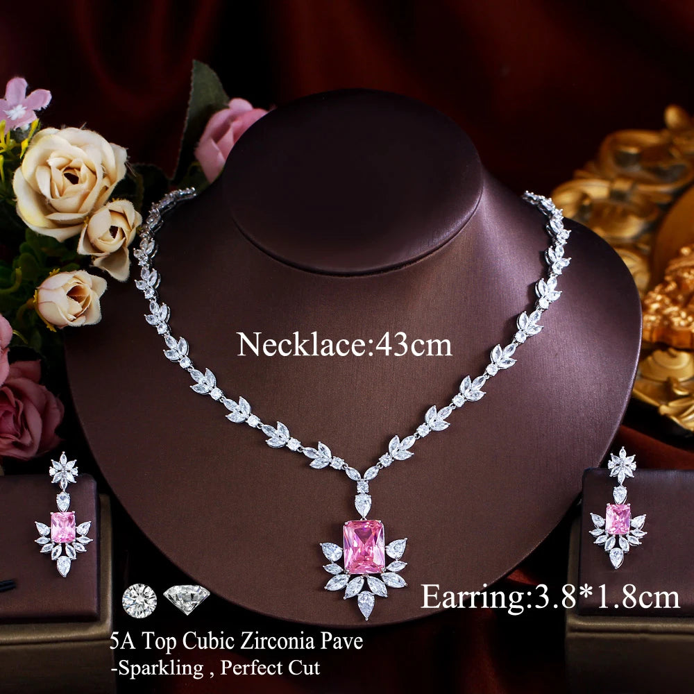 Beautifully Pink Shiny Cubic Zircon Wedding Necklace and Earring Bridal Jewelry Set for Women Bridesmaids Prom Accessories