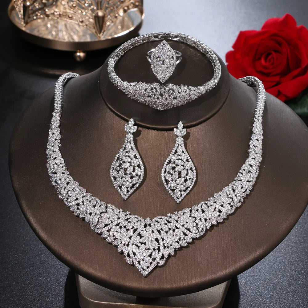 Luxury Sparkly Zirconia 4-Piece Indian & African Geometric Bridal Set — Gold & Rhodium Plated