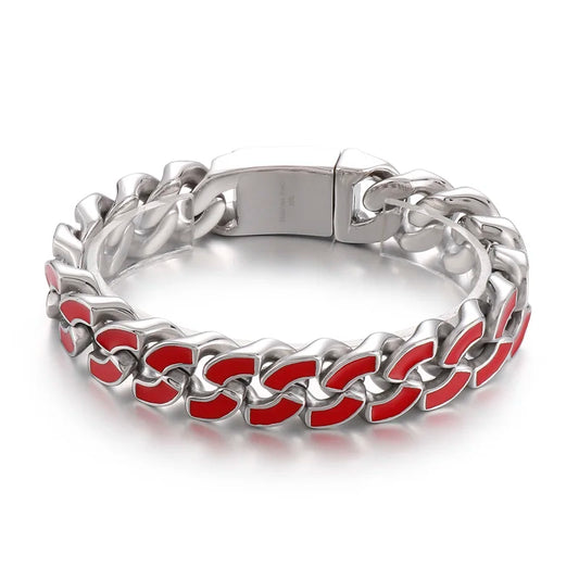KALEN 220mm Men Stainless Steel&Red/Blue Enamel Cuban Links Chain Bracelet