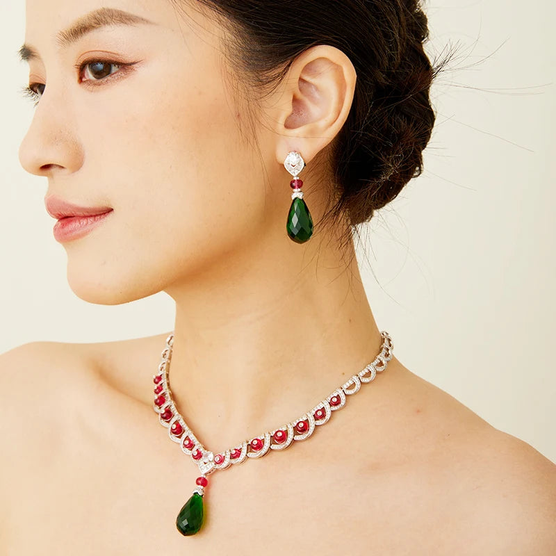 Brass Pear Shaped Green Treasure Necklace Earring Set, Luxurious High-end Women's Evening Dress, Suitable for Weddings or Gifts