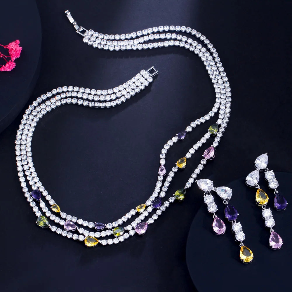 Fashion Rhodium Plated 3 Layer Multicolor Cubic Zirconia Water Drop Women's Party Earrings and Necklace Jewelry Set for Bridal