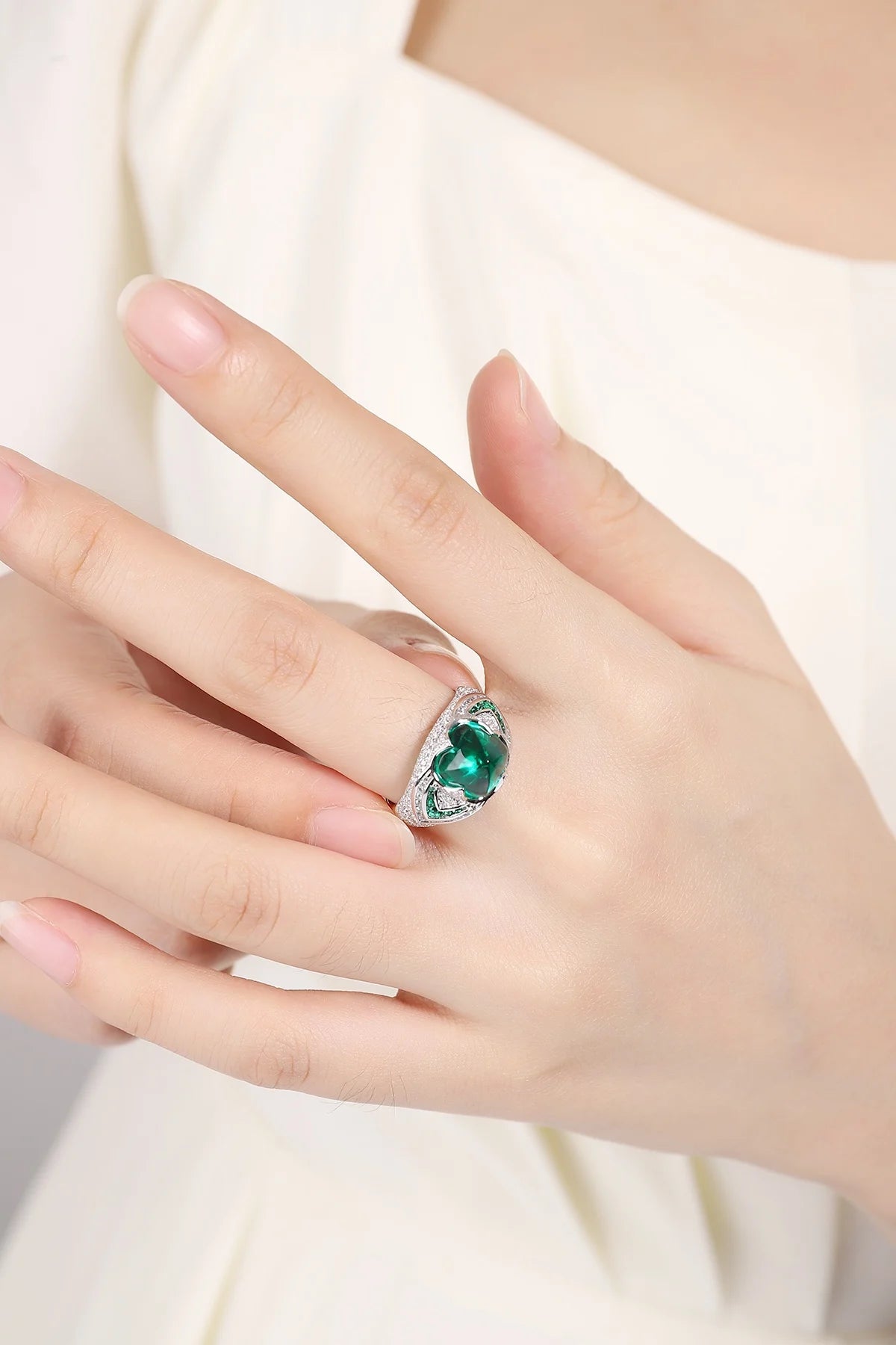 Gemfiori Emerald Ring for Men Engagement Rings Silver Sterling 925 3CT Sugar Loaf Lab Grown Emerald Unisex Rings Non Tarnish Non Allergic