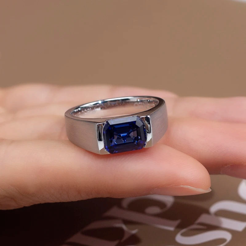 Gemfiori MSR-1506 PT950 Luxury Engagement Ring 7x9mm Emerald Cut Lab Sapphire Stones Lab Grown Diamond Ring