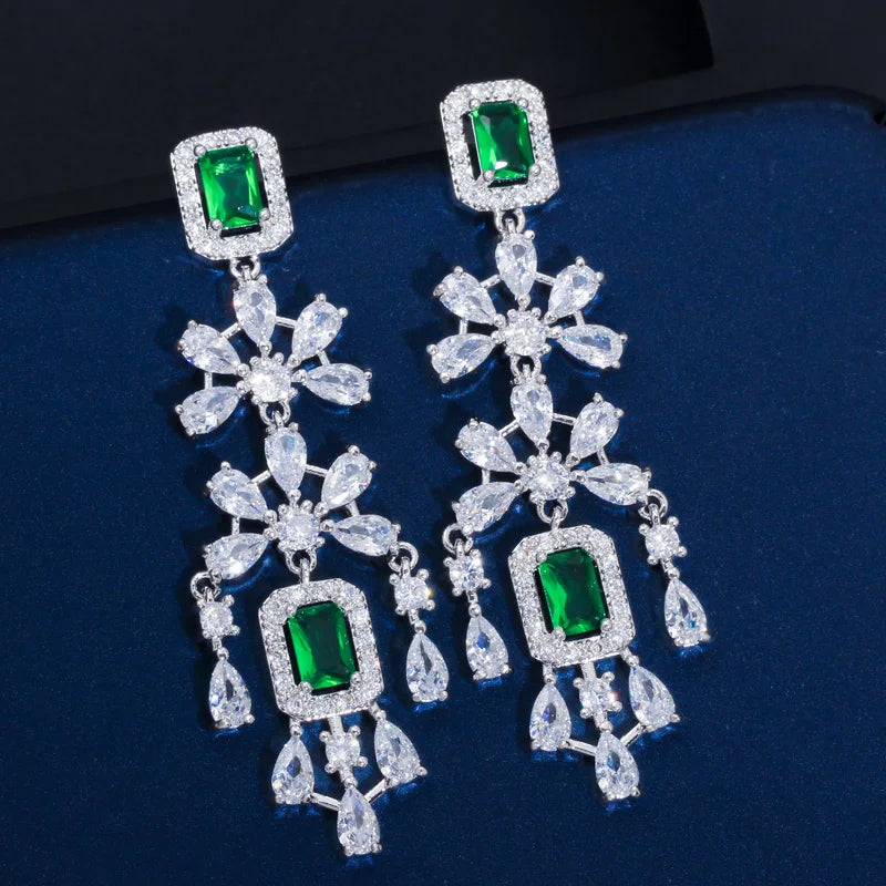 Luxury Green Cubic Zirconia Women Wedding Party Bride Necklace Earrings Jewelry Sets Bridal Dress Accessories