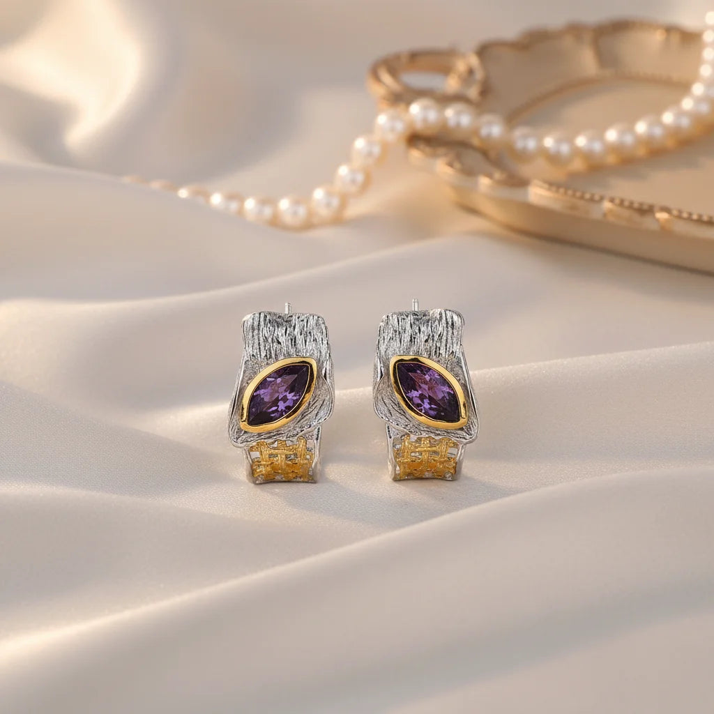 Handmade 925 Sterling Silver Vintage Zircon Stud Earrings With Bezel Setting