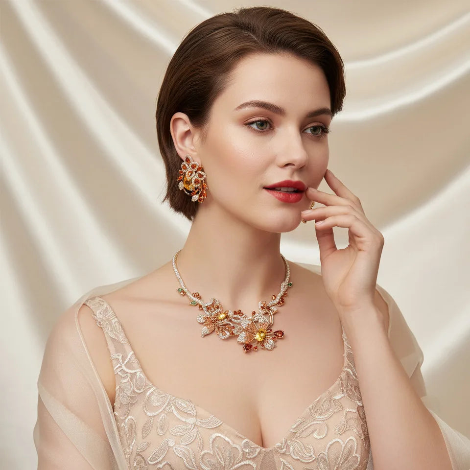 S&S Gold Plated Floral CZ Bridal Necklace & Earring Set – Collection