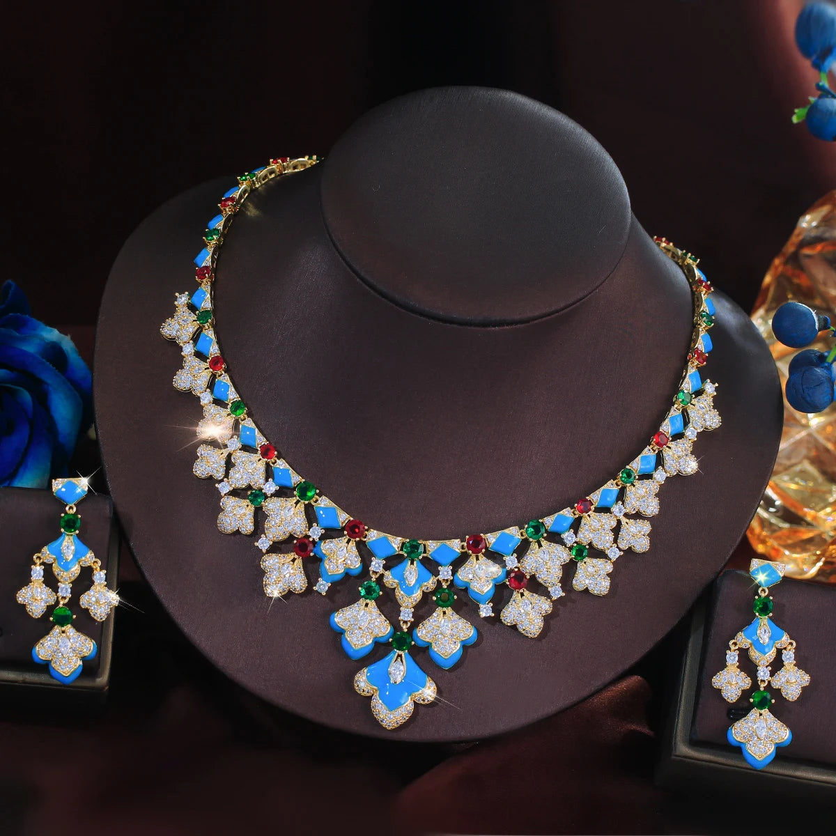 Gorgeous Mediterranean Style Blue Enamel Green CZ Necklace and Earrings Sets Vintage Luxury Jewelry Set for Banquets Vacations