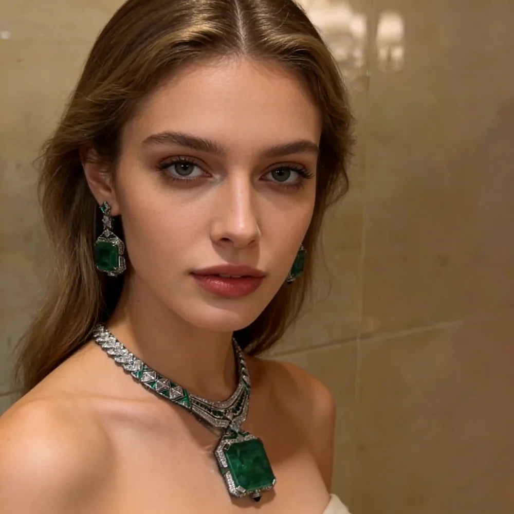 XM S205 Luxury Emerald Green Crystal Princess Cut Platinum Plated Copper Statement Necklace Drop Earrings Wedding Anniversary