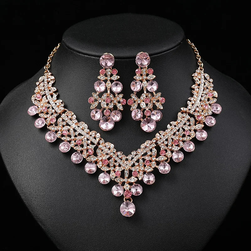 Crystal Flower Necklace & Earrings Jewellery Set | 6 Colours Bridal Evening Fashion Set