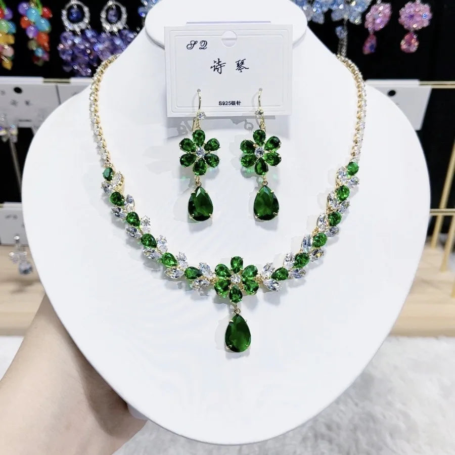 K058 Hot Selling Women Trendy Luxury Flower Zircon Necklace Earrings Set Wedding Elegant Jewelry Set