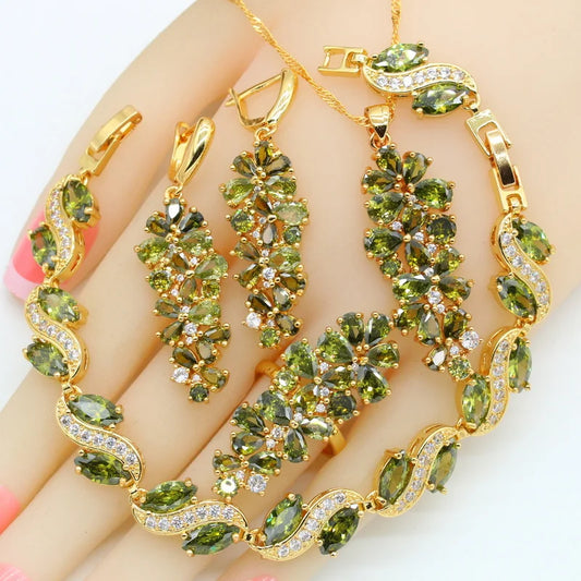 Luxury Green Peridot Gold Jewellery Set Yellow Gold Necklace Earrings Pendant for Wedding Engagement Christmas Birthday Gift