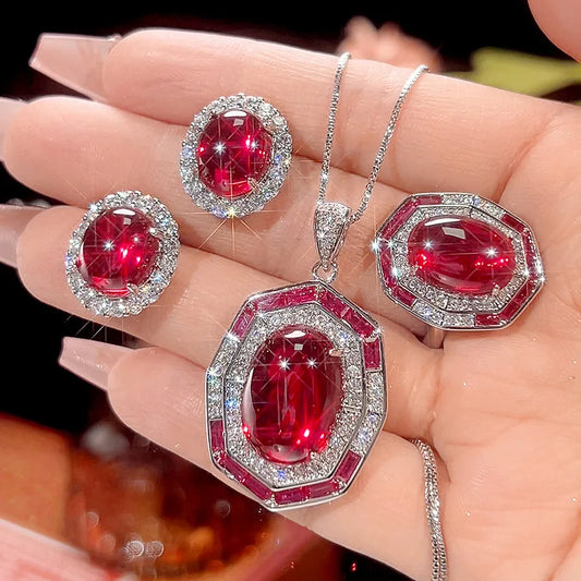 Gemfiori 2025 New Jewelry Simulation Red Corundum Retro Zircon Light Luxury Set Valentine's Day Gift