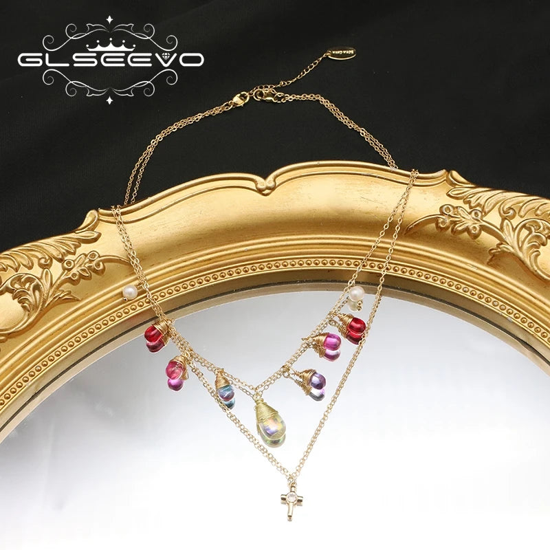 Colorful Crystal Freshwater Pearl Zircon Cross Double Layer Necklace Gold Plated Chain Removable Bridal Necklace Jewelry