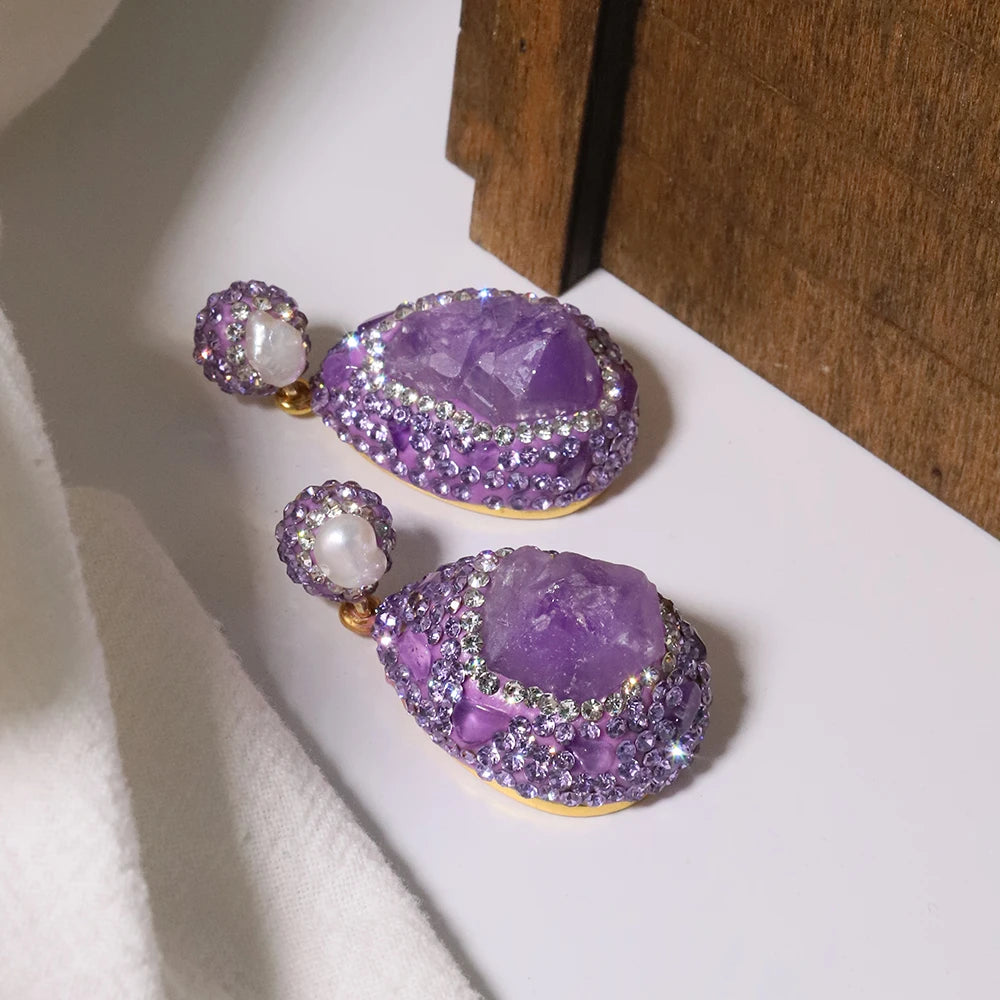 GLSEEVO Natural Amethyst Zircon Inlaid Pendant Earrings Korean Style Women Luxury Jewelry Fashion Ladies and Girls Gift GE1577