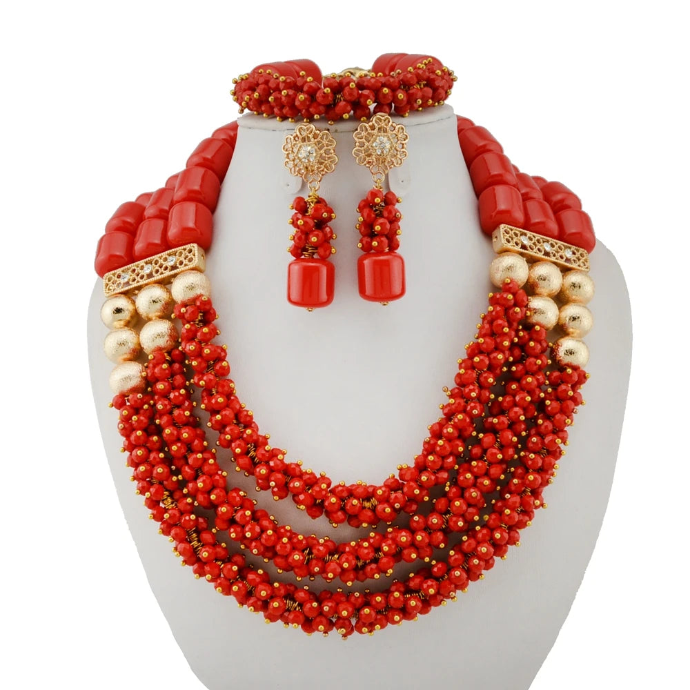 Zhuerrui Luxury Statement Red Bead Earrings Set Gold Plated Crystal Embellished Jewelry for Women Perfect for Prom YL302