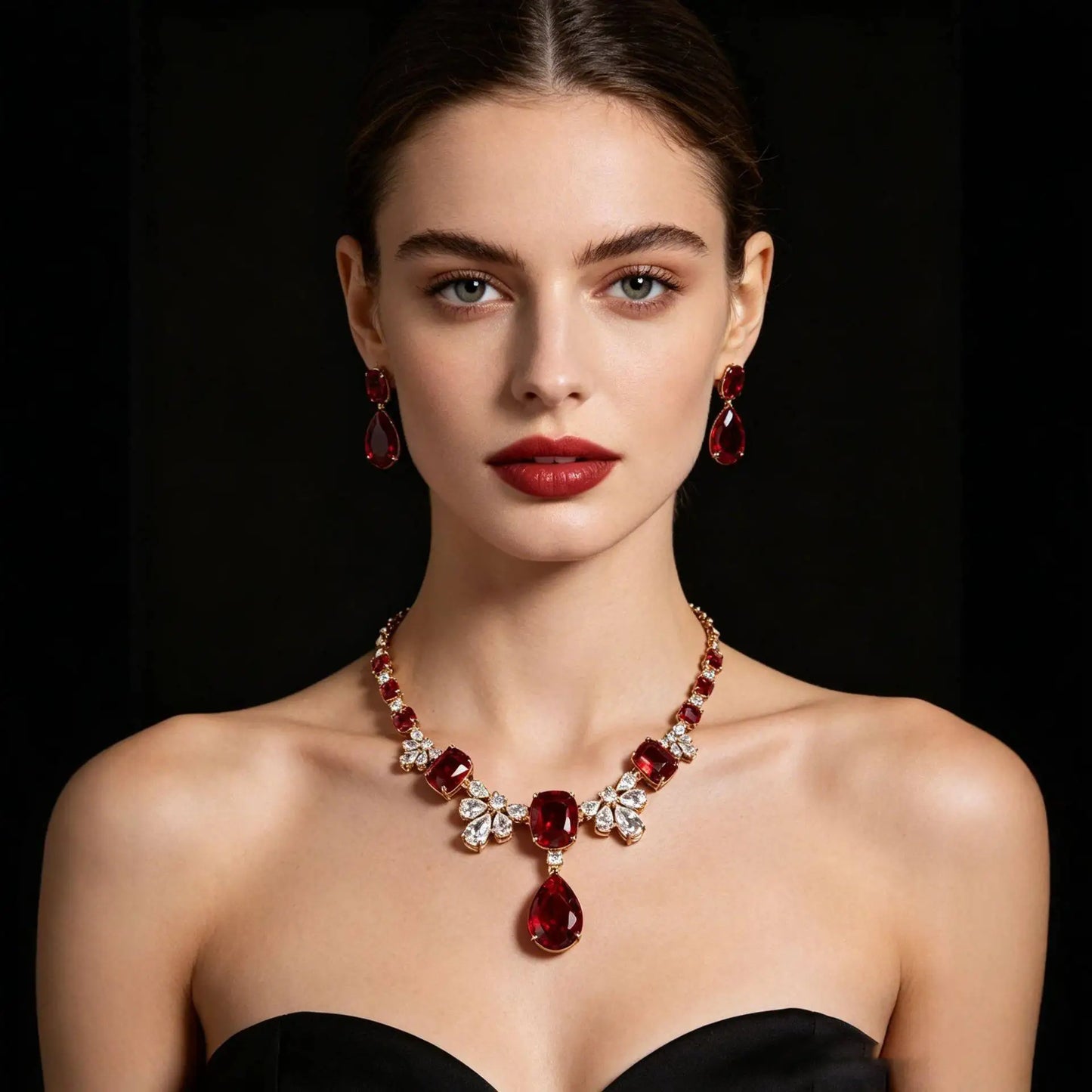XM S302 Cushion Cut Zircon Teardrop Statement Necklace & Drop Earrings Set