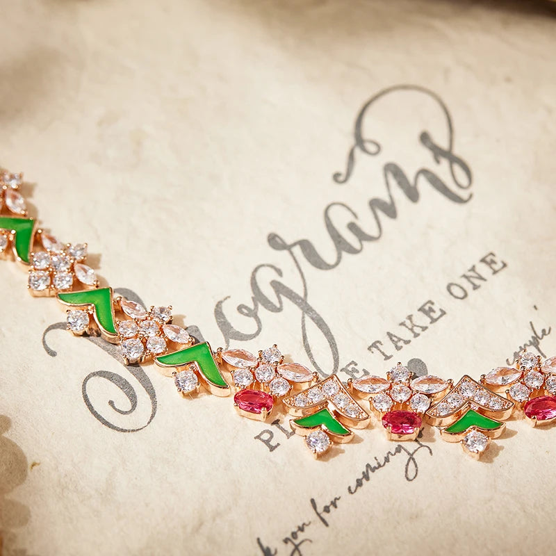 Enamel Craft Women's Two-piece Brass Necklace Earrings Inlaid with Colorful Leaves Design  Not Easily Oxidized  Perfect Zircon