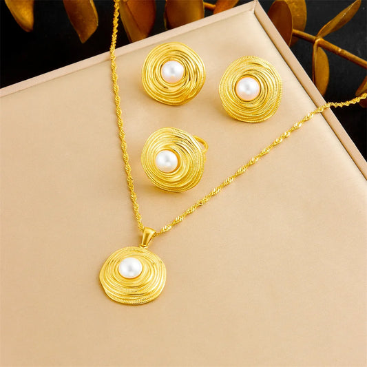 Gold Pearl Geometric Necklace, Earrings & Ring Jewellery Set | Luxury Fashion Set