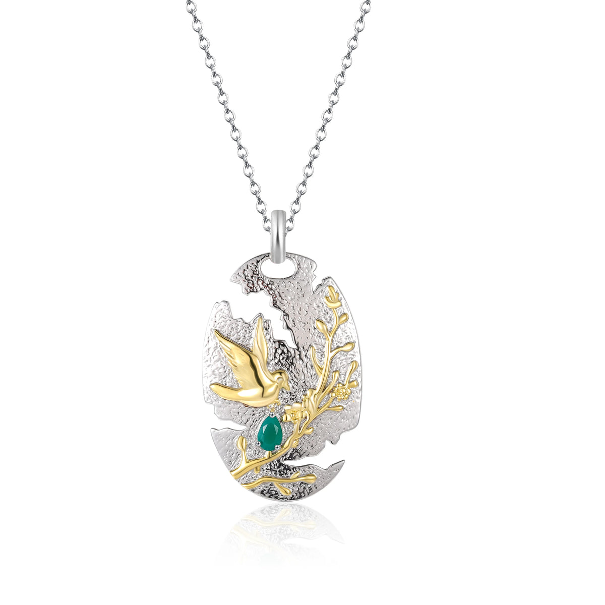 ArtistA C7942 Guangzhou Factory Direct Sale 925 Silver Gold Rhodium 2 Tone Plated Green Agate Spring Forest Bird Jewelry Set for Women