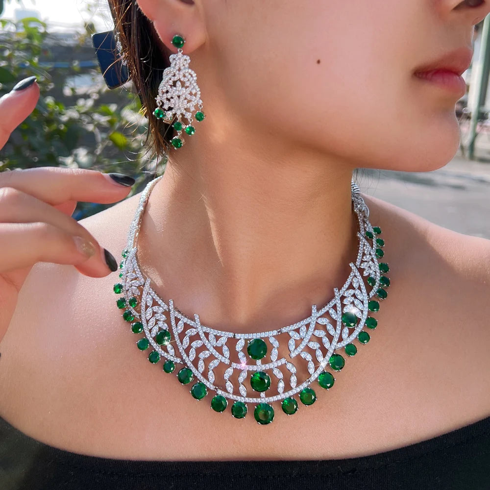 Luxury Necklace and Earrings White and Emerald Green Cubic Zirconia Super Big Jewelry Set for Women Banquet Engagement Jewelry