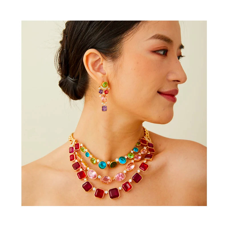 Luxury Asscher-Cut Zirconia Bezel-Set Colourful Floral Choker Necklace & Earrings Bridal Set — Gold Plated