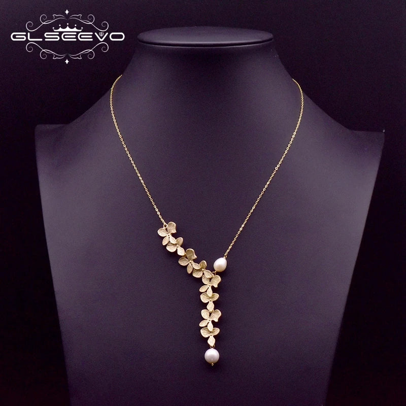 GLSEEVO Natural Freshwater Baroque Pearl & Gold Flower Leaves Jewellery Set — Necklace, Earrings & Bracelet