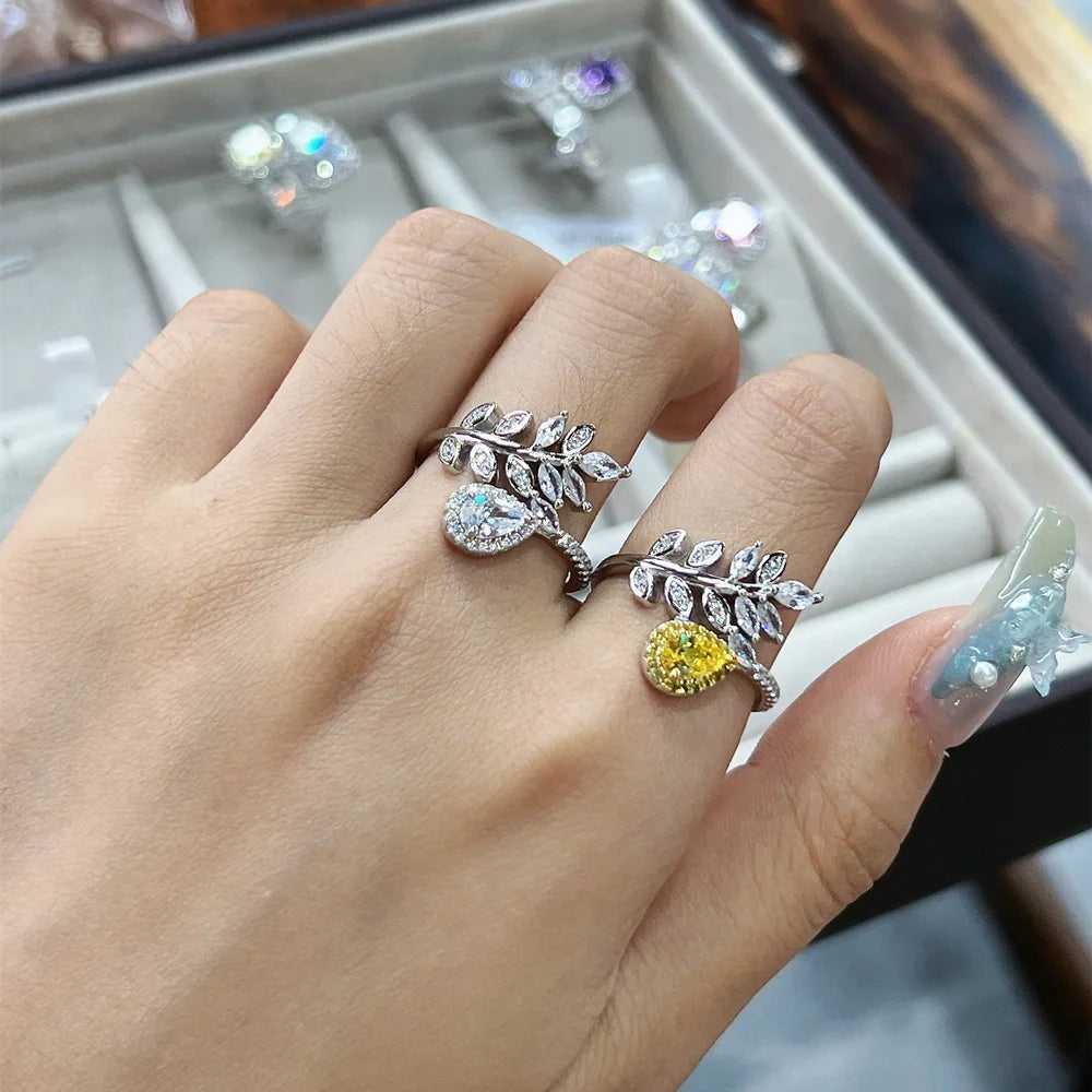 SILVERELLI Leaf Droplet Diamond Zircon Ring | 925 Sterling Silver | Platinum Plated
