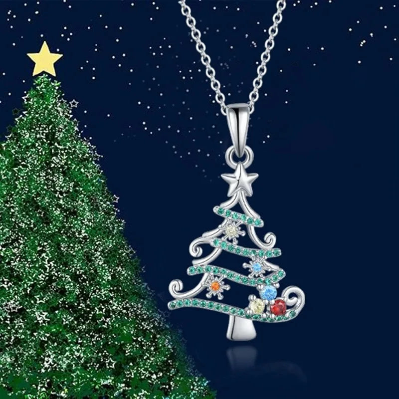 S&S 925 Silver Christmas Tree Necklace & Earrings Set – AAAAA Rose-Cut Zirconia – Rhodium Plated – Collection