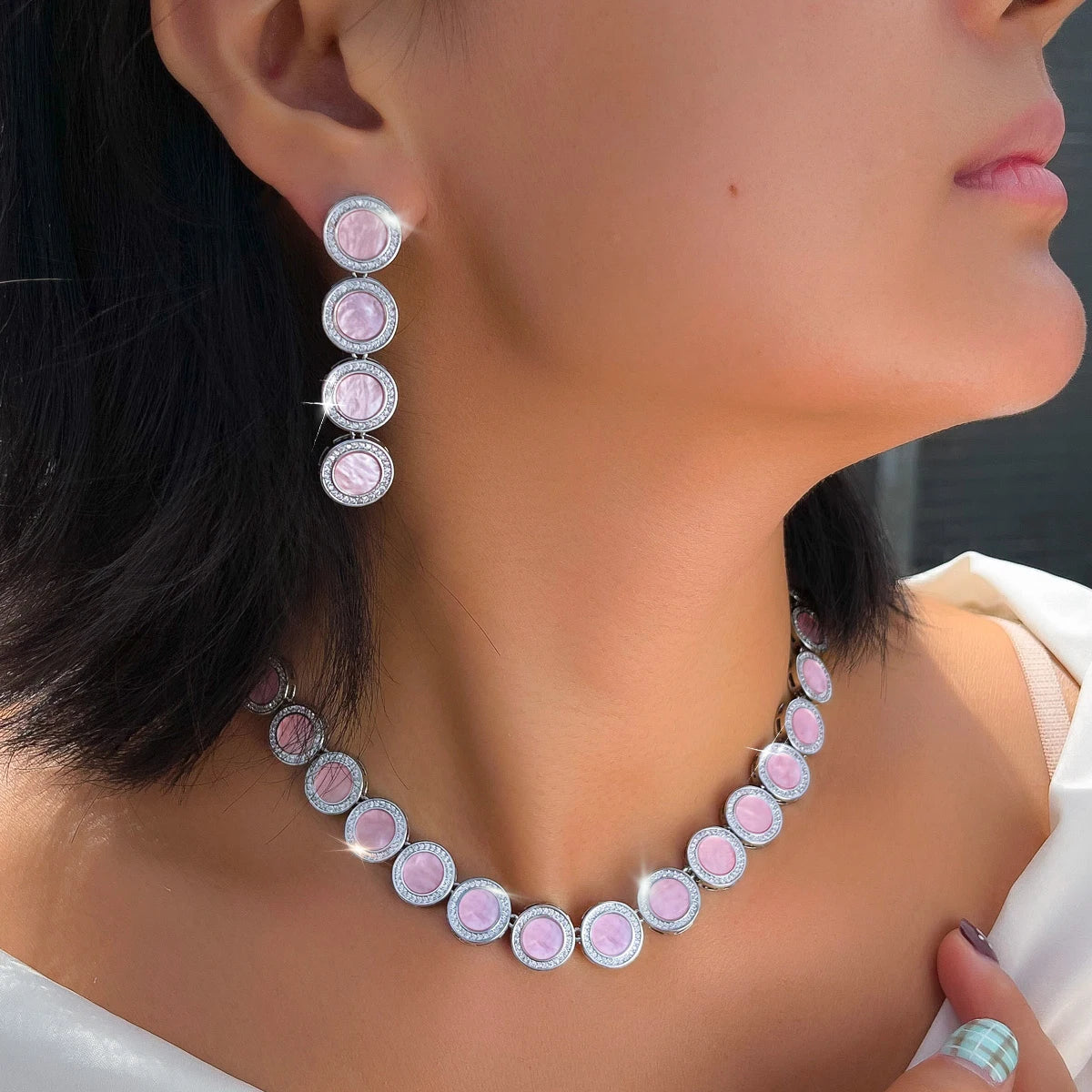 S&S Pink Round CZ Vintage Statement Necklace & Earrings Set – Silver Plated – Collection