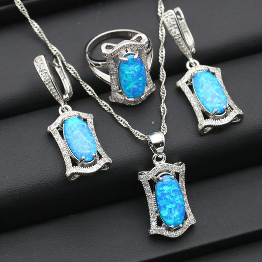 Women's Jewelry Blue White Zircon Earrings Pendant Necklace Ring Sets Alloy Platinum Plated Wedding Party Engagement Gift
