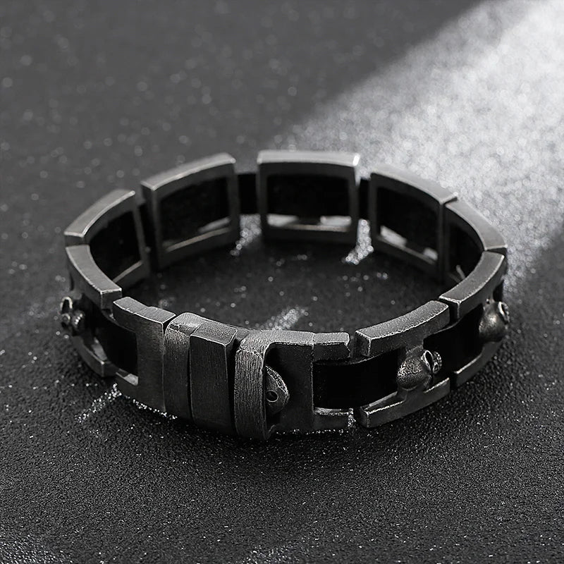 REBEL Punk Fine Jewelry Fashion Bracelets Stainless Steel Leather Skull Charm Links Bracelet