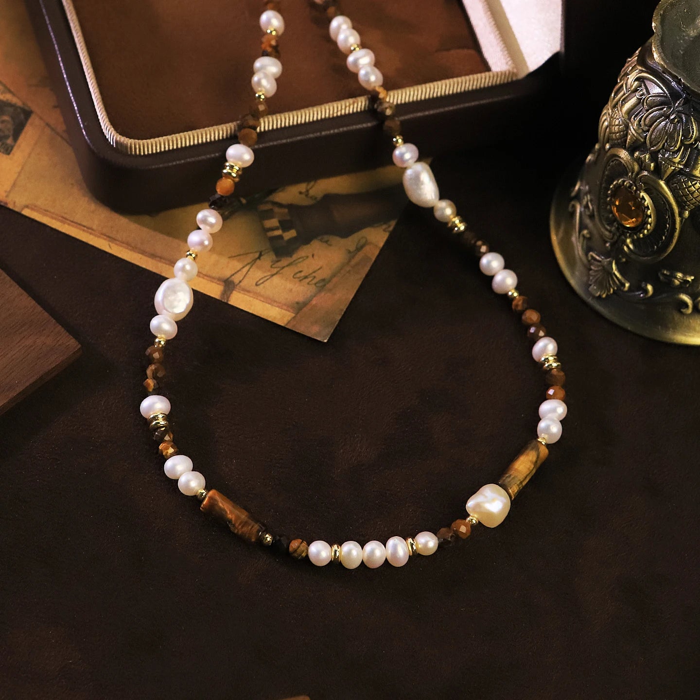 Natural Freshwater Pearl Tiger Eye Beaded Necklace for Women Boho Daily Party Birthday Gift Vintage Necklace Fashion Jewelry