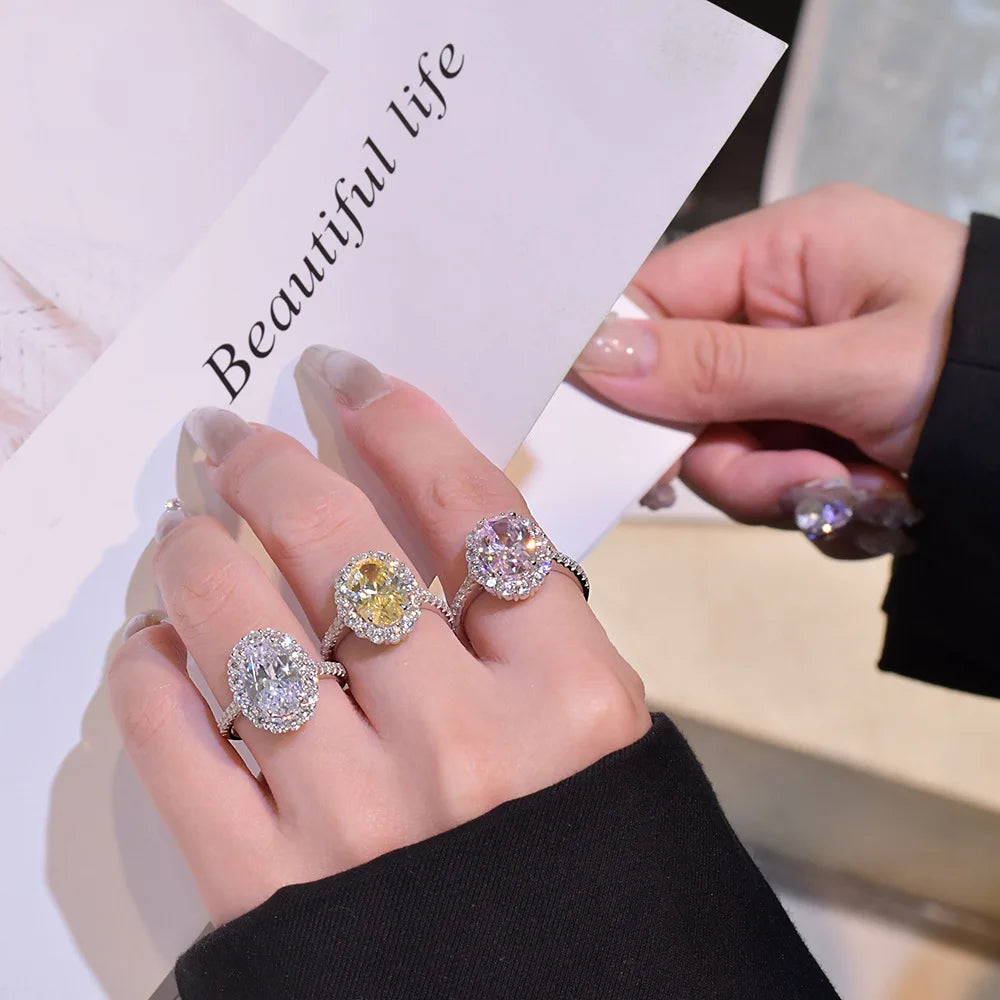 MuShan Jewelry Factory 5.6 Carat Egg Shaped Diamond Ring 8 * 12mm High Carbon Diamond Candy pink Diamond Ring S925 Silver