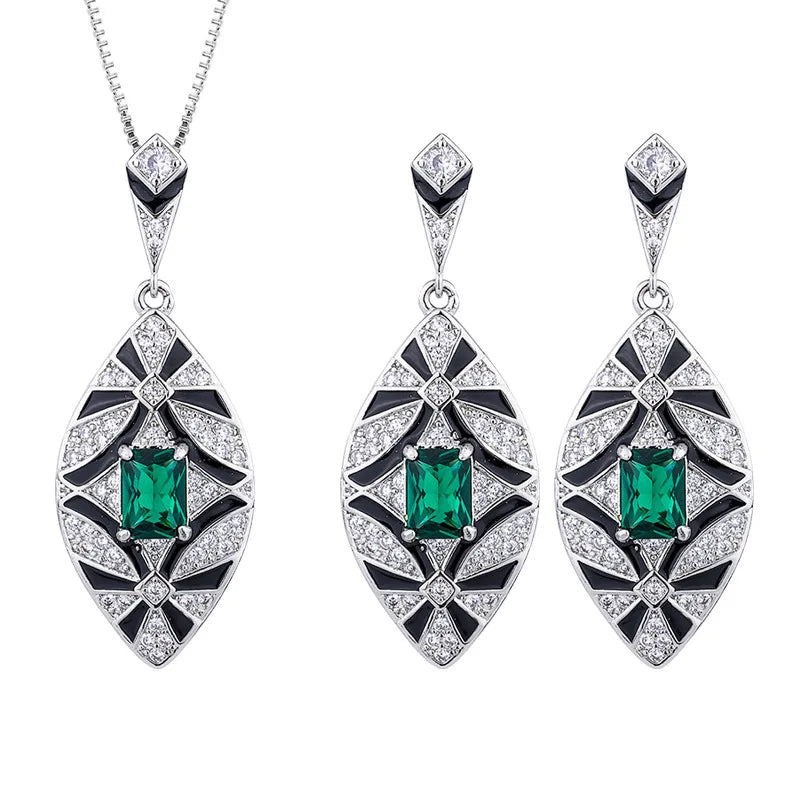 Gemfiori Vintage Charm Pendant Earring Set with Leaf Charm and High End Jewelry Inlaid with Square Zircon Jewelry