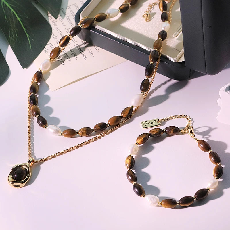 Natural Pearl Oval Tiger Eye Stone Pendant Necklace Bracelet New Design Creative Set Banquet Gift Women's Jewelry GS0220