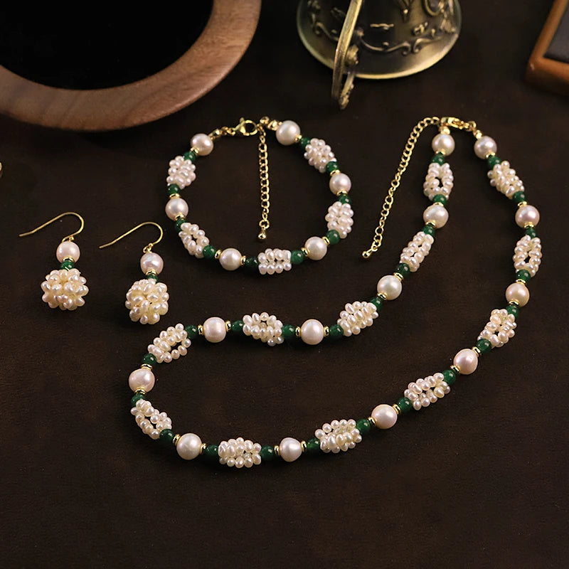 GLSEEVO Natural Pearl Ball Green Natural Stone Jewelry Set for Wedding Gift Pearl Bead Necklace Bracelet Earring Fashion Jewelry