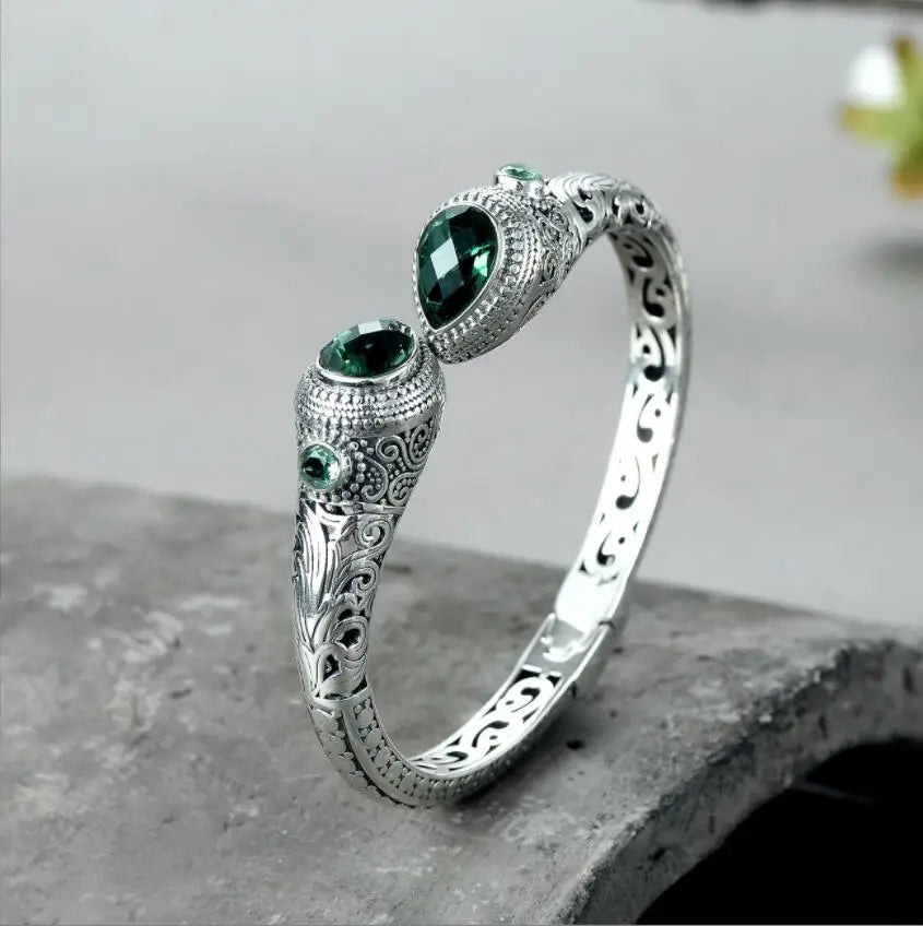 REBEL S&S REBEL Emerald Gemstone 925 Sterling Silver Bangle | Princess Cut | Rhodium Plated | Luxury | Collection