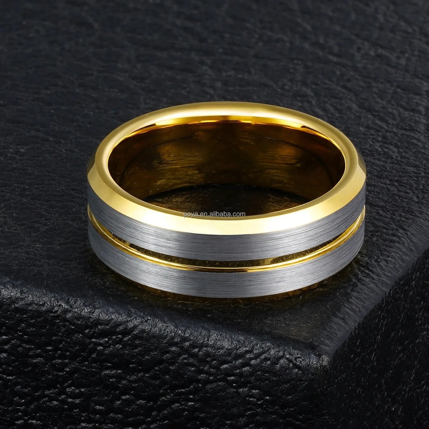 POYA 8mm Unisex Stylish Vintage Design Tungsten Ring Gold Plated Beveled Edges Engagement Wedding Gift Silver Jewelry