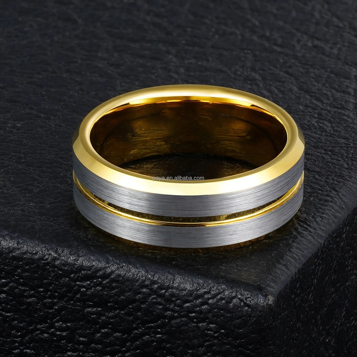 POYA 8mm Unisex Stylish Vintage Design Tungsten Ring Gold Plated Beveled Edges Engagement Wedding Gift Silver Jewelry
