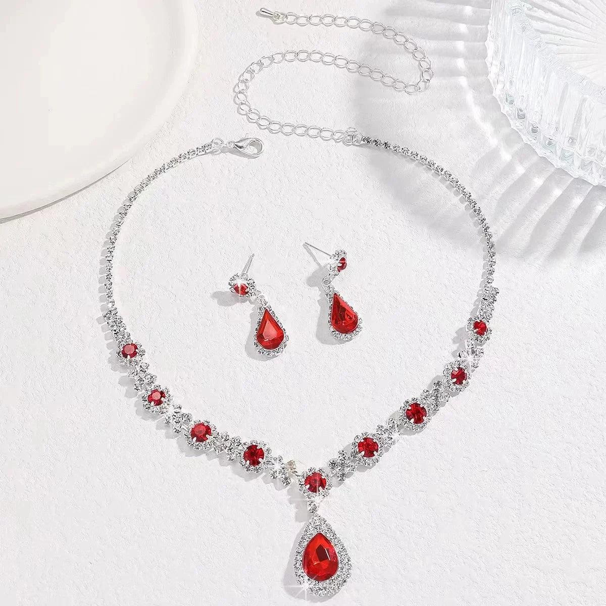 XM S372 Platinum Plated Princess Cut Zircon Floral Teardrop Pendant Necklace & Earrings Bridal Set