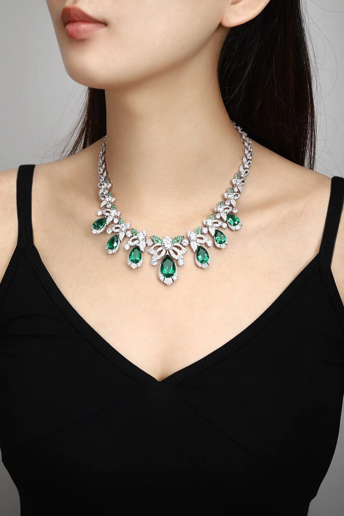 Gemfiori Premium 925 Sliver Lab Grown Emerald Statement Necklace Pear Shape Emeralds Adjustable Chain Length Ideal Gift for Women