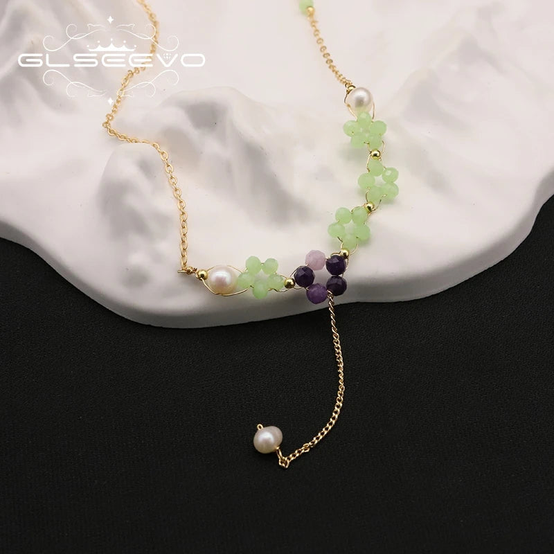 Natural Freshwater Pearl Amethyst Green Jade Flower Pendant Necklace Gold Plated Chain Beaded Trendy Necklace Women's Jewelry