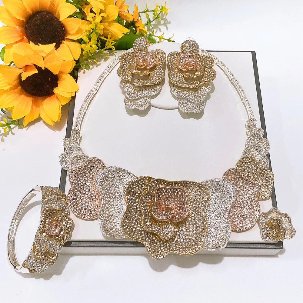 Zhuerrui Rhinestone Paved Rose Flower Jewelry Set for Wedding Multi-color Crystal Floral Statement Jewelry Sets HS2550139