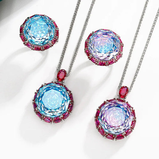 Gemfiori Elegant Colorful Zircon Luxury Jewelry Fashion Necklace Ring Accessories European Rose Pendant Ring Set