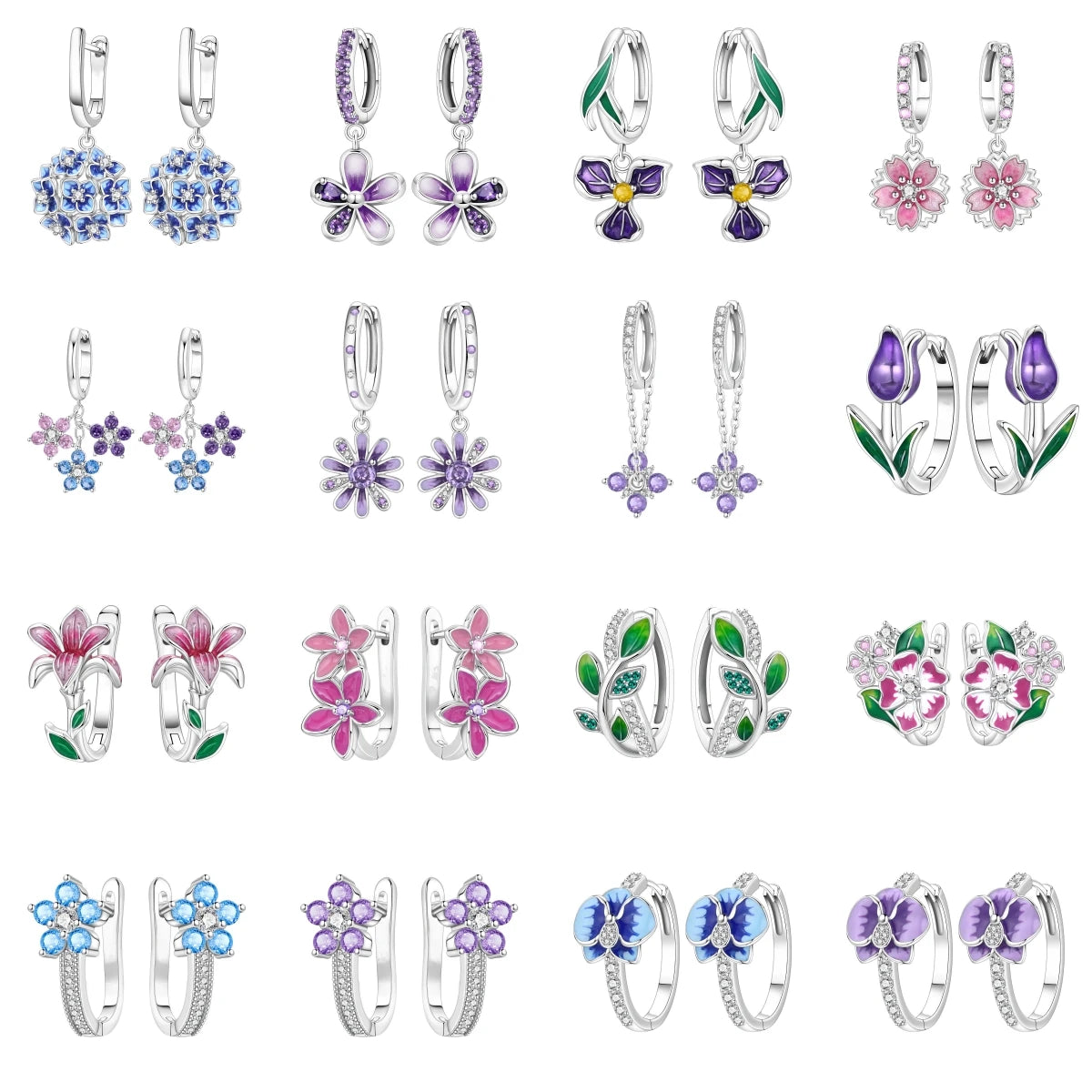 S&S Silver Plated Zircon Flower Drop Earrings | 16 Colours