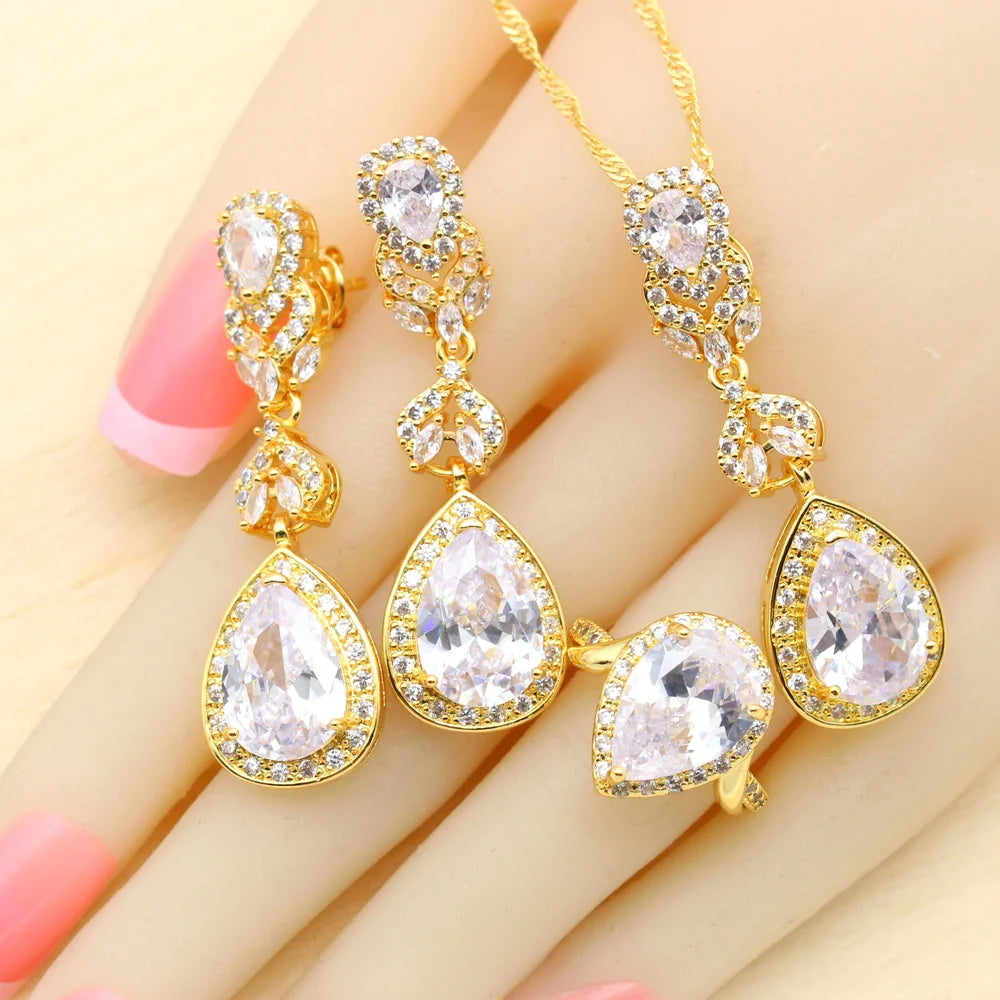 XOTICA 2023 Women's Gold Jewelry Set with White Zircon Wedding Party Engagement Bracelet Earrings Necklace Pendant Ring Gift