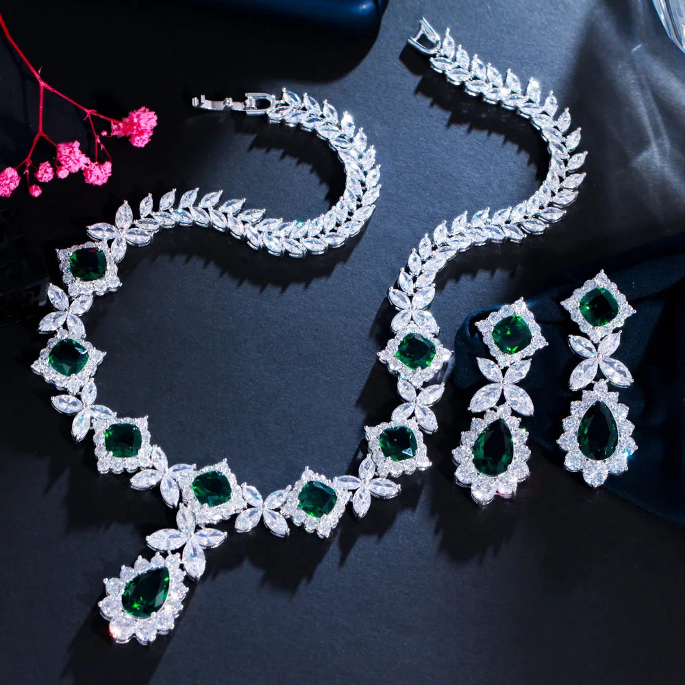 Statement Necklace Earrings White and Green Cubic Zirconia Stone Bridal Jewelry Sets for Women Party Wedding Dress Accessories